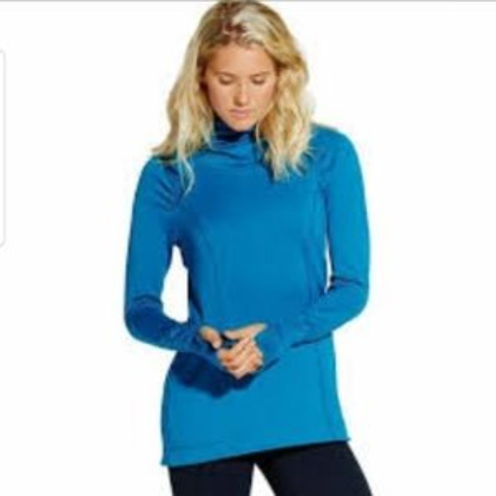 CALIA turquoise cowl funnel neck ruched shoulder pullover active workout top